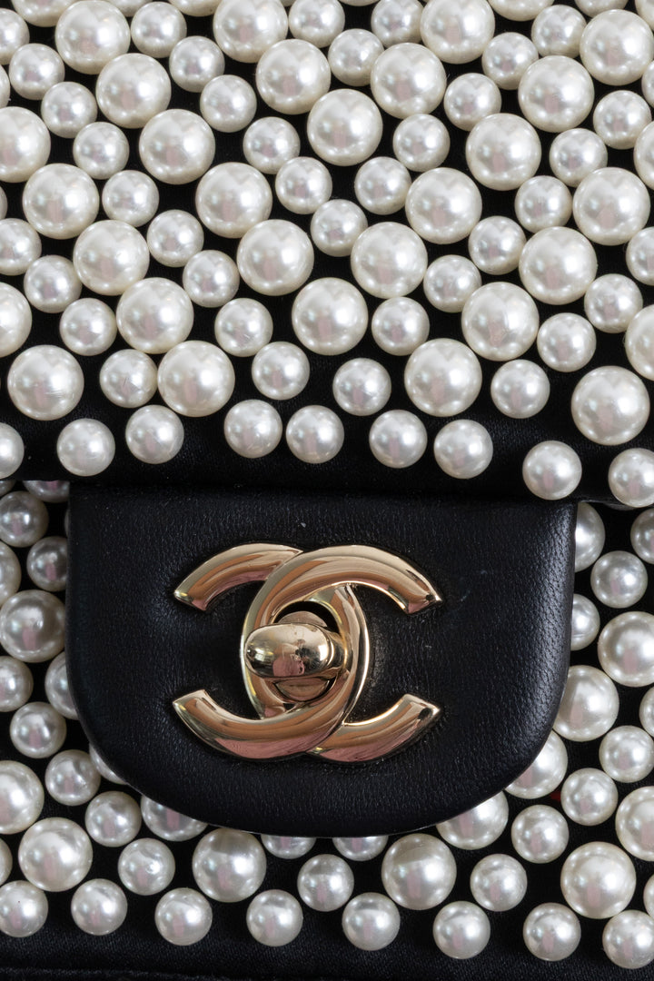 CHANEL Pearl Flap Bag Small Satin Black