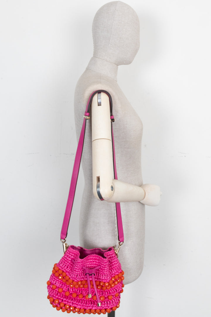 JIMMY CHOO Bon Bon Bucket Bag Raffia Pink