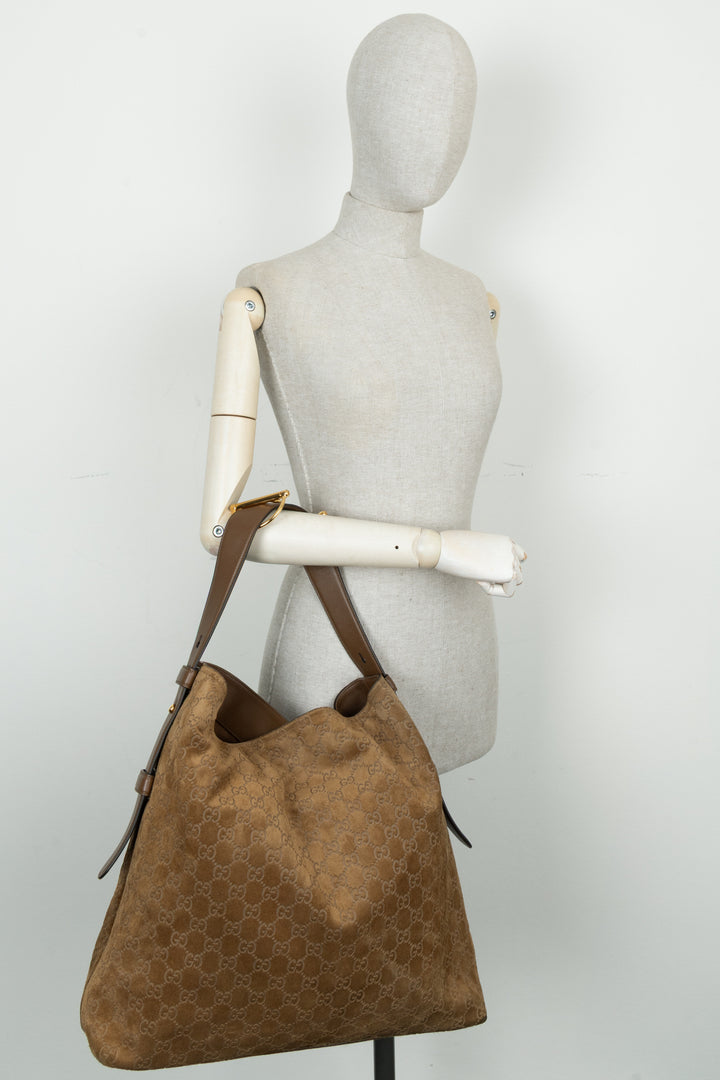 GUCCI Large Beatrix Horsebit Hobo Bag Suede Beige