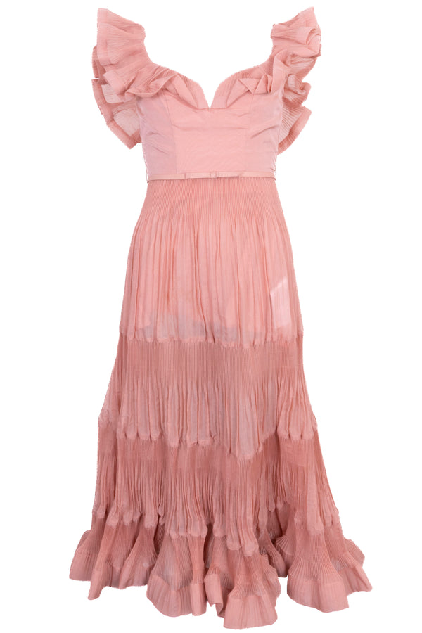 ZIMMERMANN Pleated Tiered Midi Dress Dusty Pink
