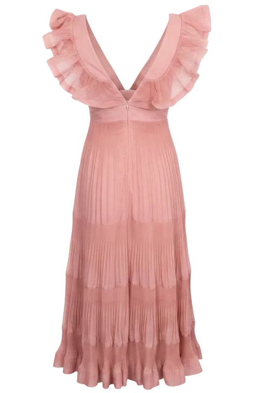 ZIMMERMANN Pleated Tiered Midi Dress Dusty Pink