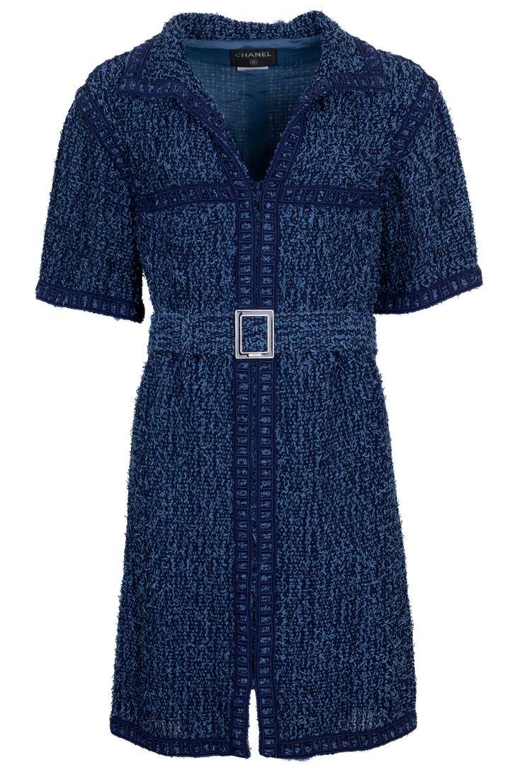 CHANEL 2013 Belted Dress Tweed Blue