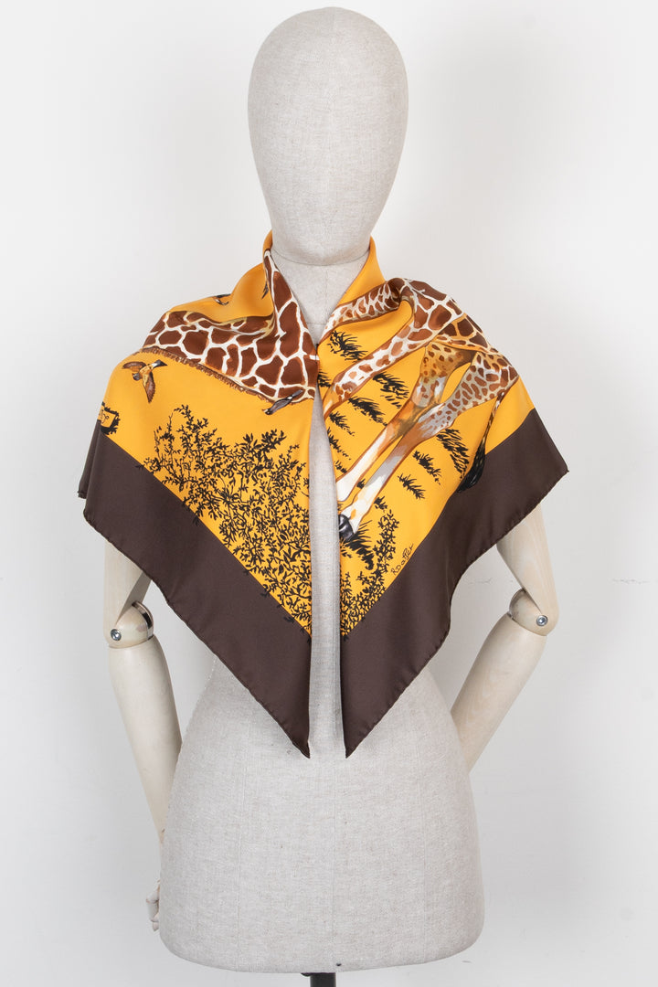 HERMÈS Les Girafes 90 Scarf Silk Brown Orange