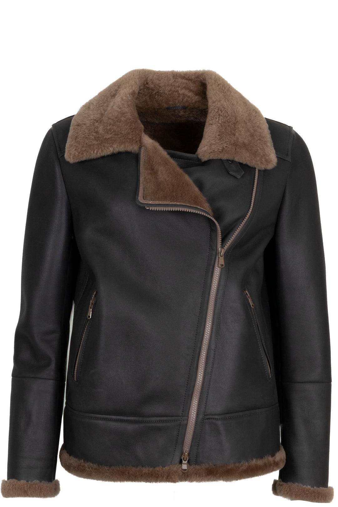 BRUNELLO CUCINELLI Shearling Monili Zip Jacket Leather Brown