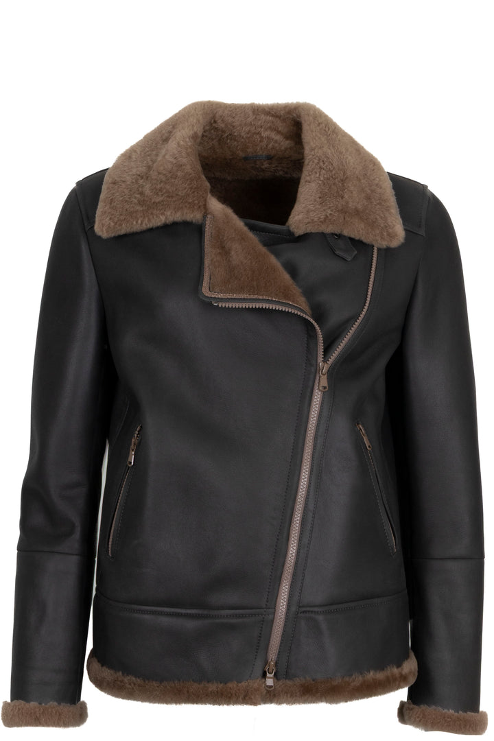 BRUNELLO CUCINELLI Shearling Monili Zip Jacket Leather Brown