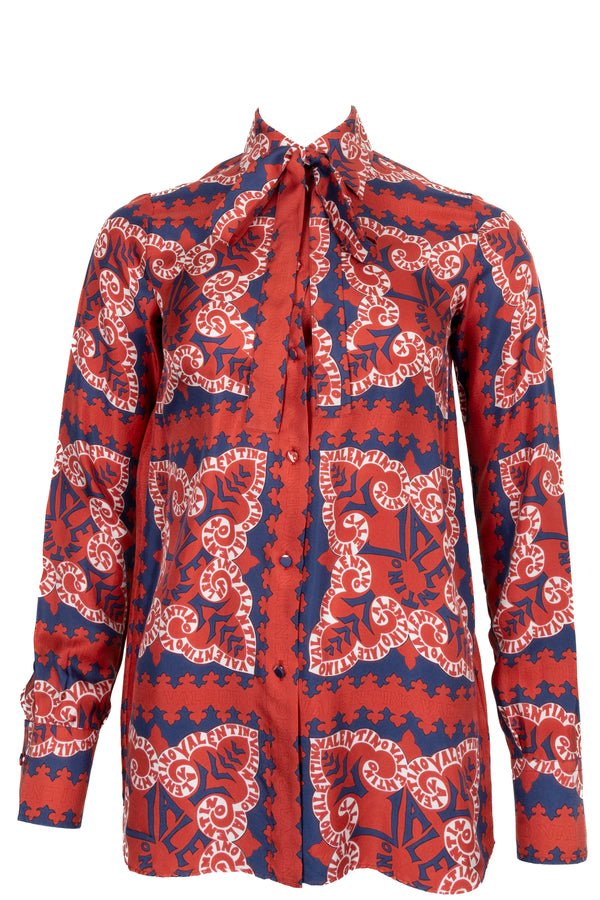 VALENTINO Logo Pussy Bow Blouse Silk Red