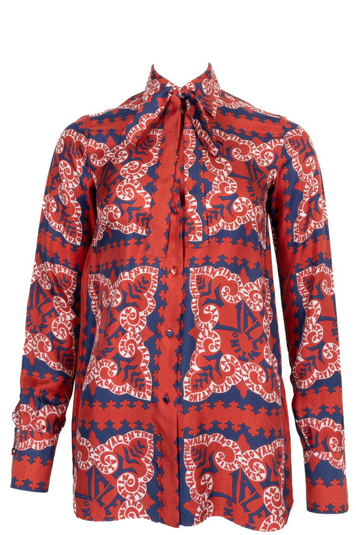 VALENTINO Logo Pussy Bow Blouse Silk Red