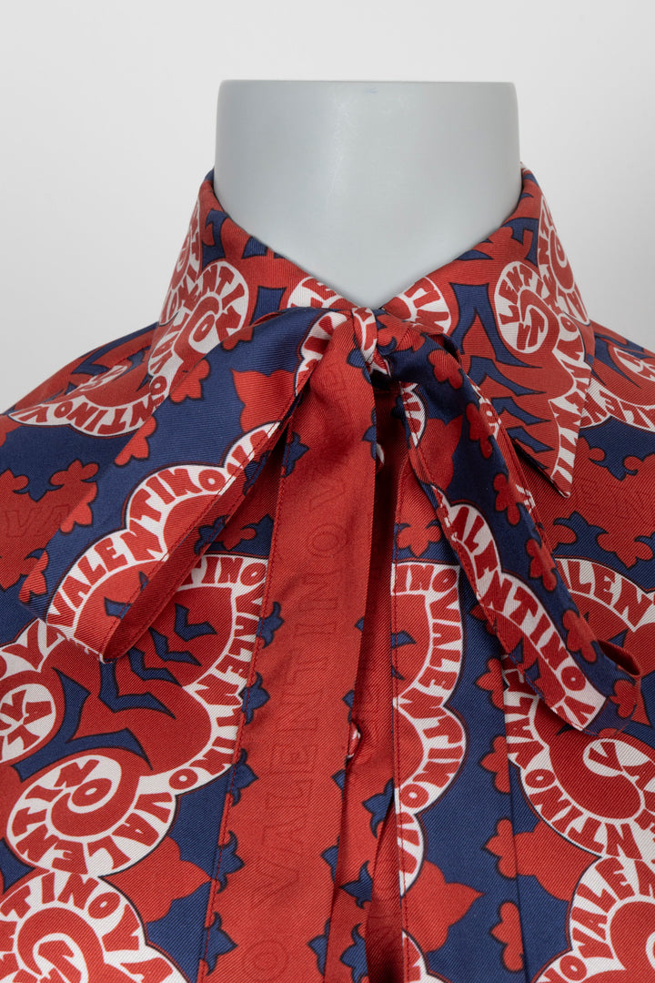 VALENTINO Logo Pussy Bow Blouse Silk Red