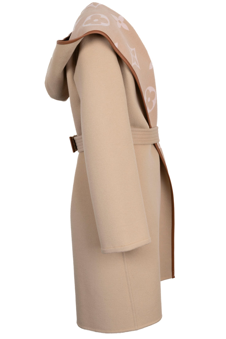 Manteau portefeuille à capuche réversible et ceinturé en laine beige LOUIS VUITTON
