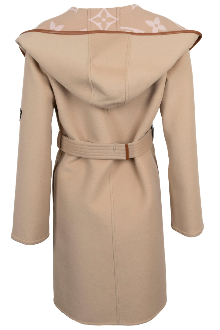 Manteau portefeuille à capuche réversible et ceinturé en laine beige LOUIS VUITTON