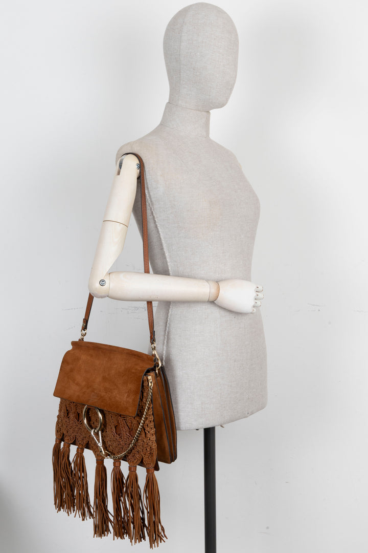 CHLOÉ Macramé Faye Crossbody Bag Suede Cognac