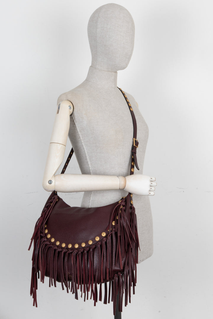 VALENTINO C-Rockee Fringe Hobo Bag Leather Burgundy
