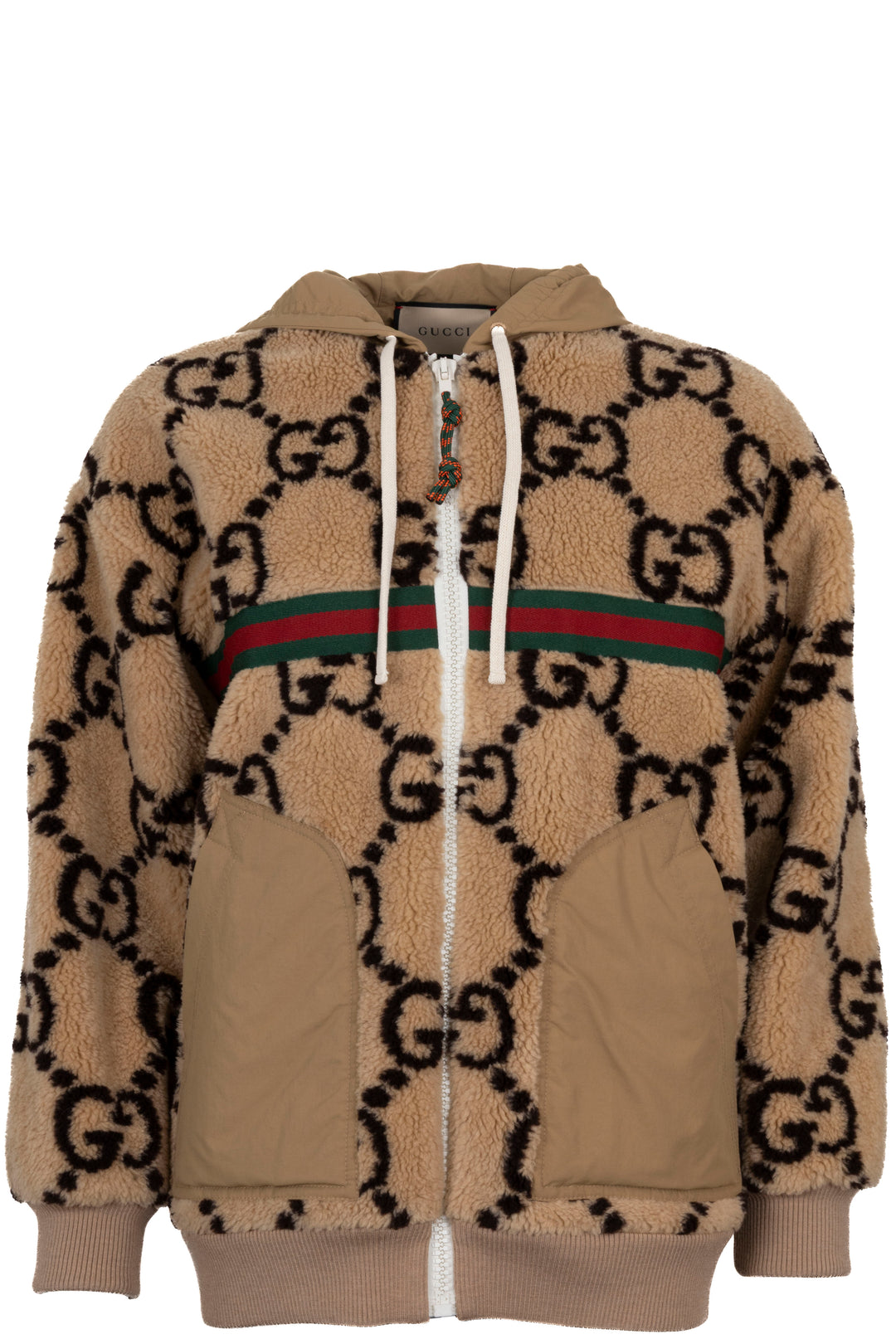 GUCCI Giant GG Hooded Jacket Shearling Wool Beige