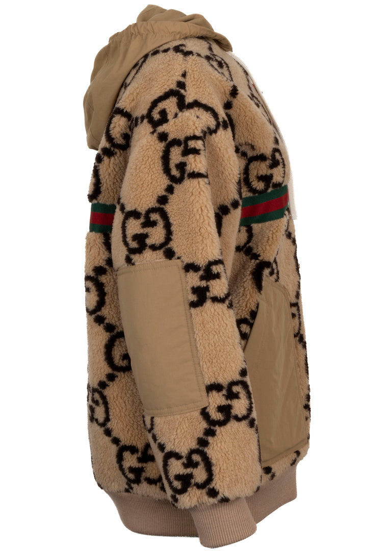 GUCCI Giant GG Hooded Jacket Shearling Wool Beige
