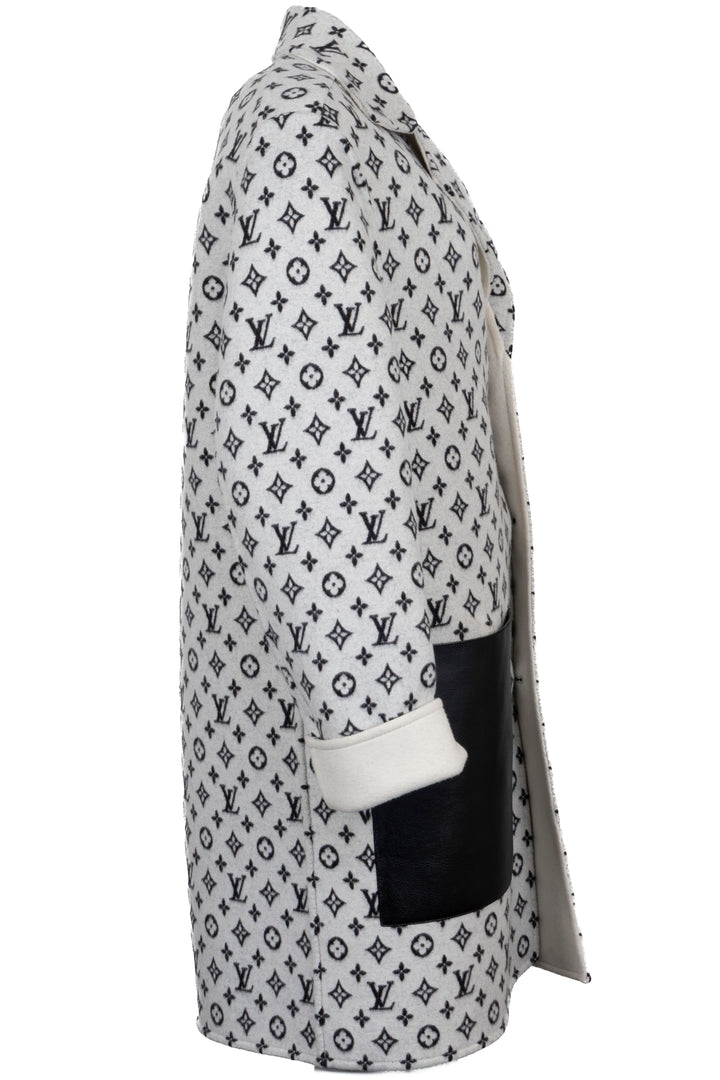 LOUIS VUITTON Reversible Leather Detail MNG Short Coat Wool Light grey