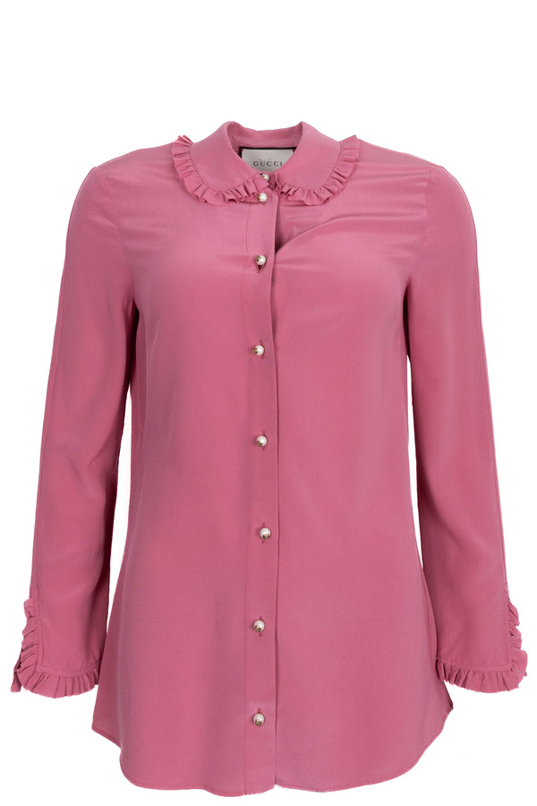 Chemise GUCCI rose à col froncé et boutons nacrés