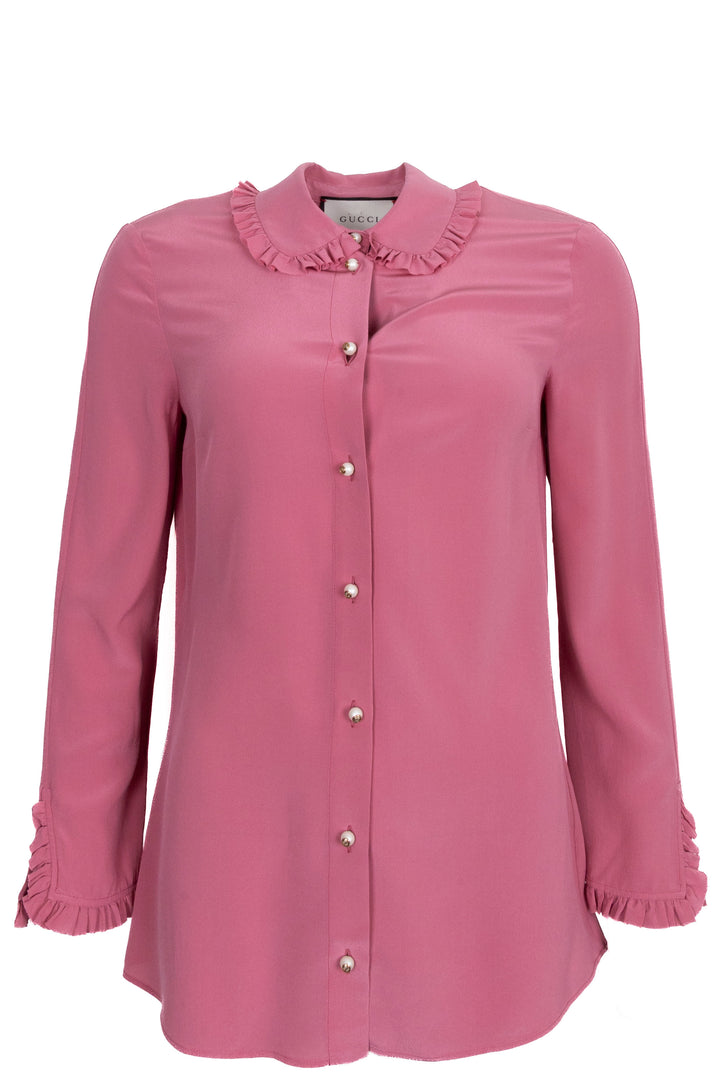 GUCCI Ruched Collar Pearl Button Shirt Pink