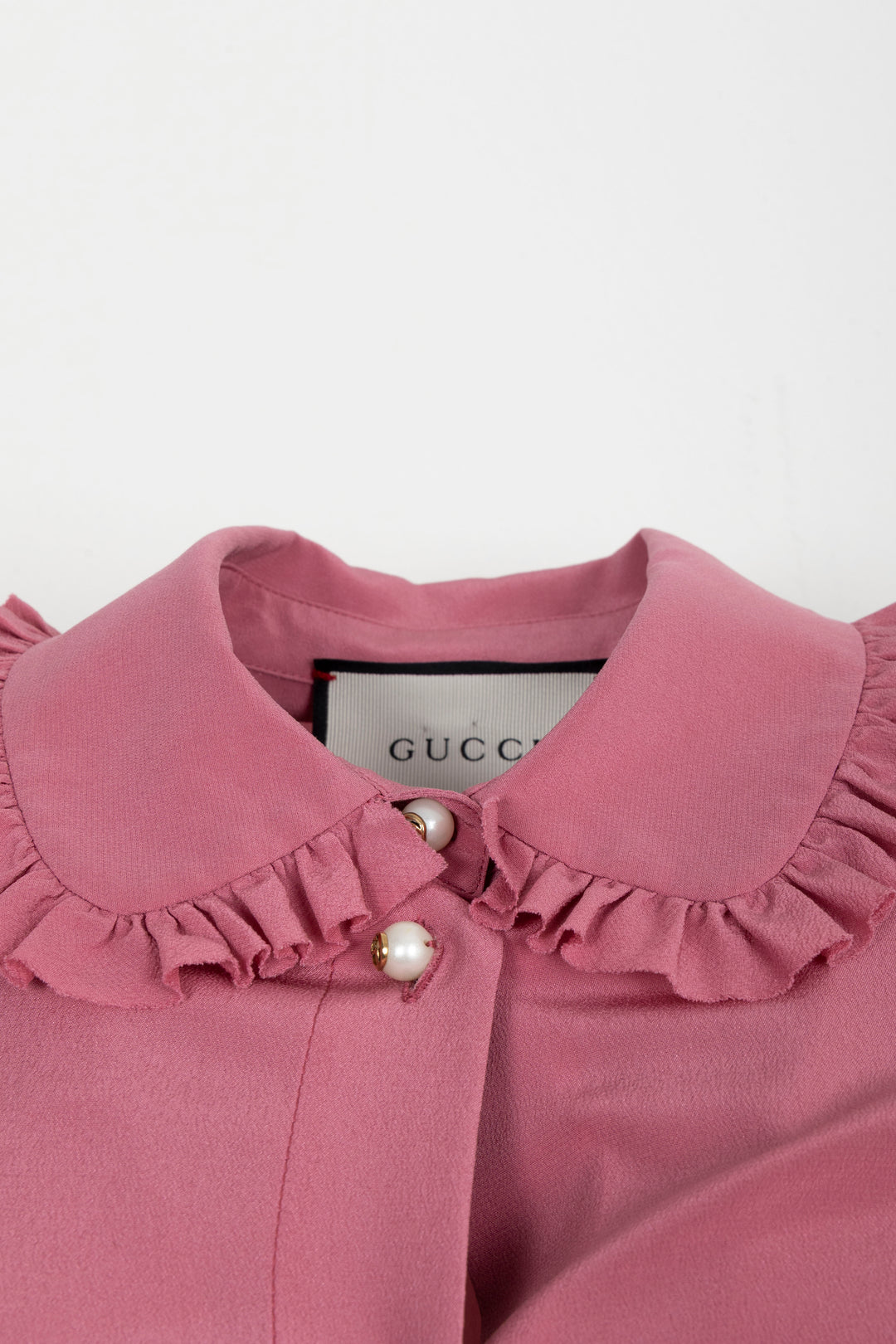 GUCCI Ruched Collar Pearl Button Shirt Pink