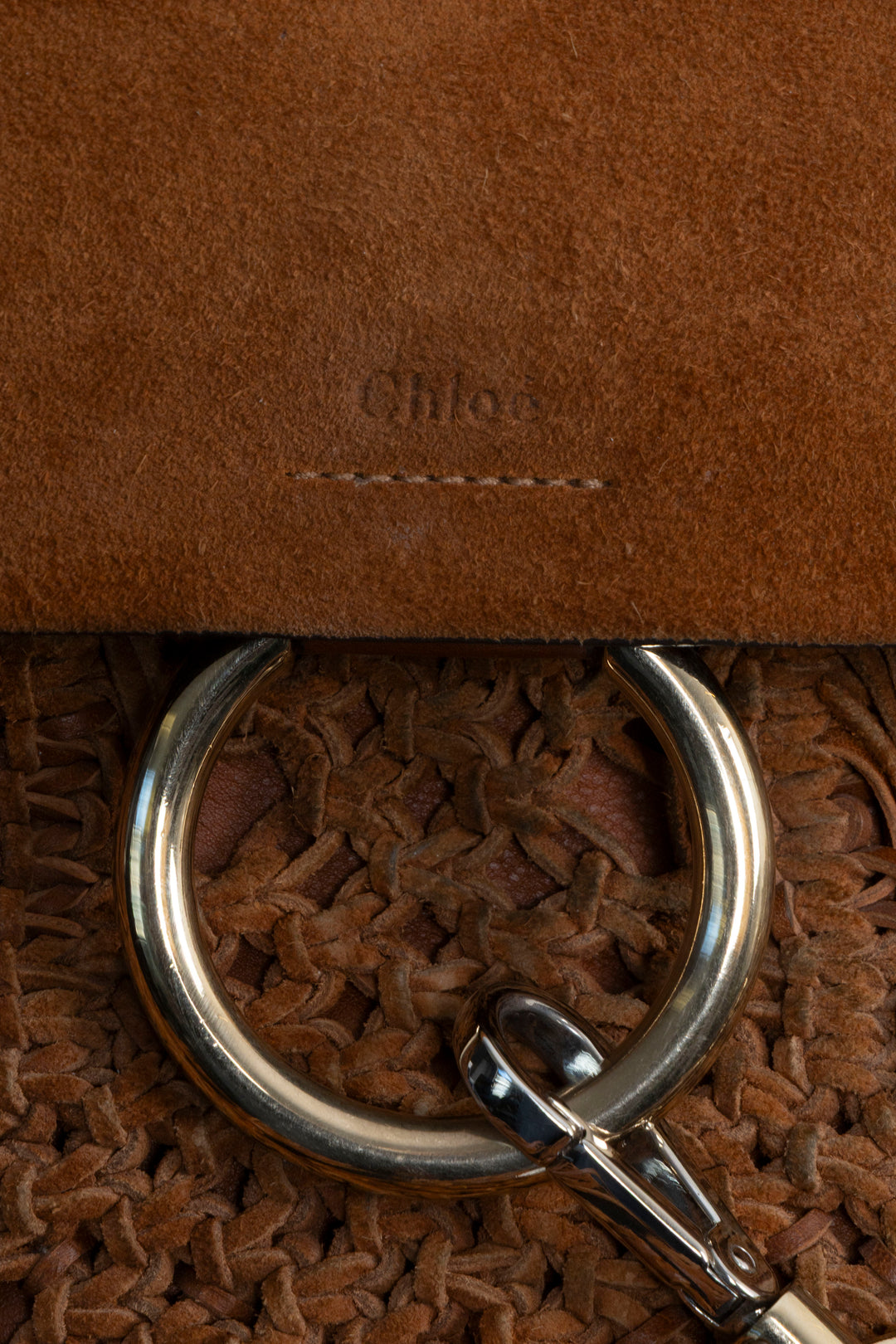 CHLOÉ Macramé Faye Crossbody Bag Suede Cognac