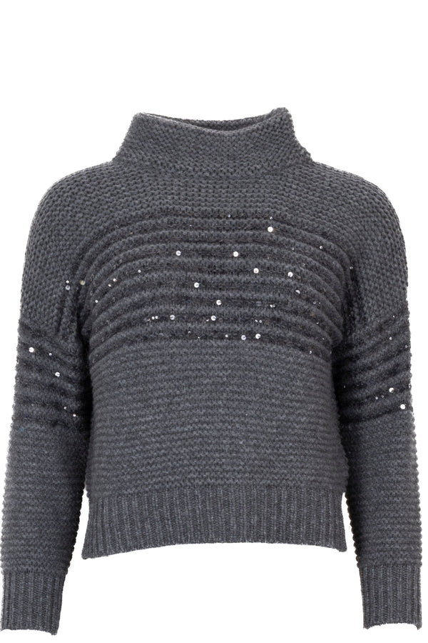 BRUNELLO CUCINELLI Col roulé Laine tricotée à sequins Gris