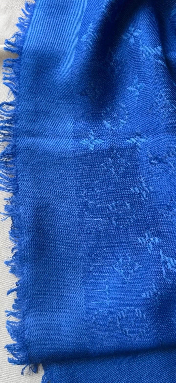 LOUIS VUITTON Monogram Fringed Scarf Electric Blue