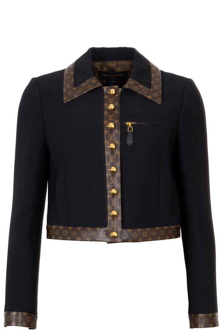 LOUIS VUITTON Cropped Monogram Trim Jacket Wool Black