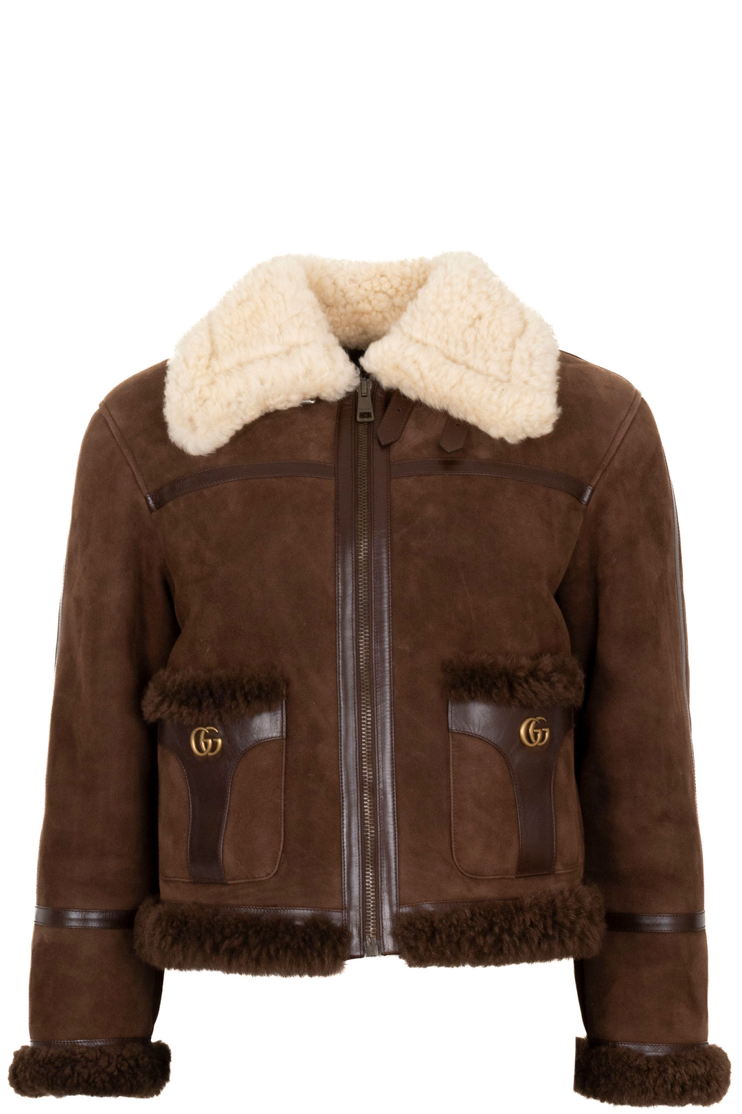 GUCCI GG Cropped Shearling Jacket Suede Brown