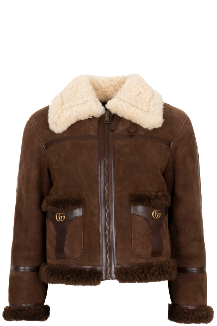 GUCCI GG Cropped Shearling Jacket Suede Brown