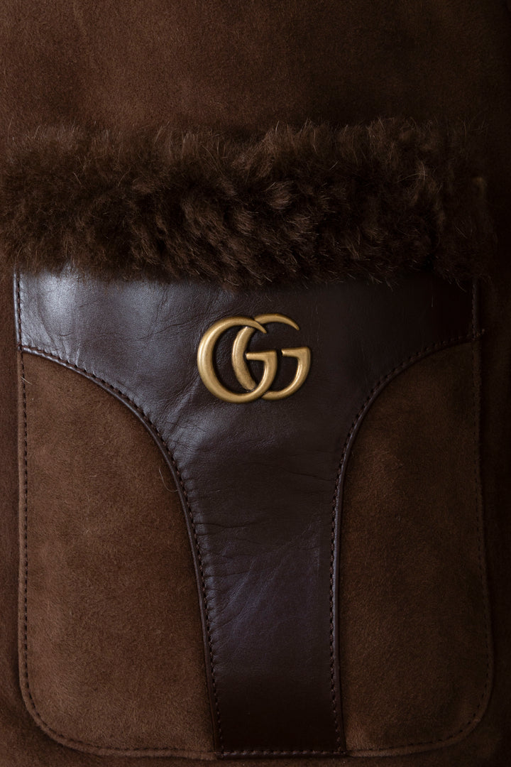 GUCCI GG Cropped Shearling Jacket Suede Brown