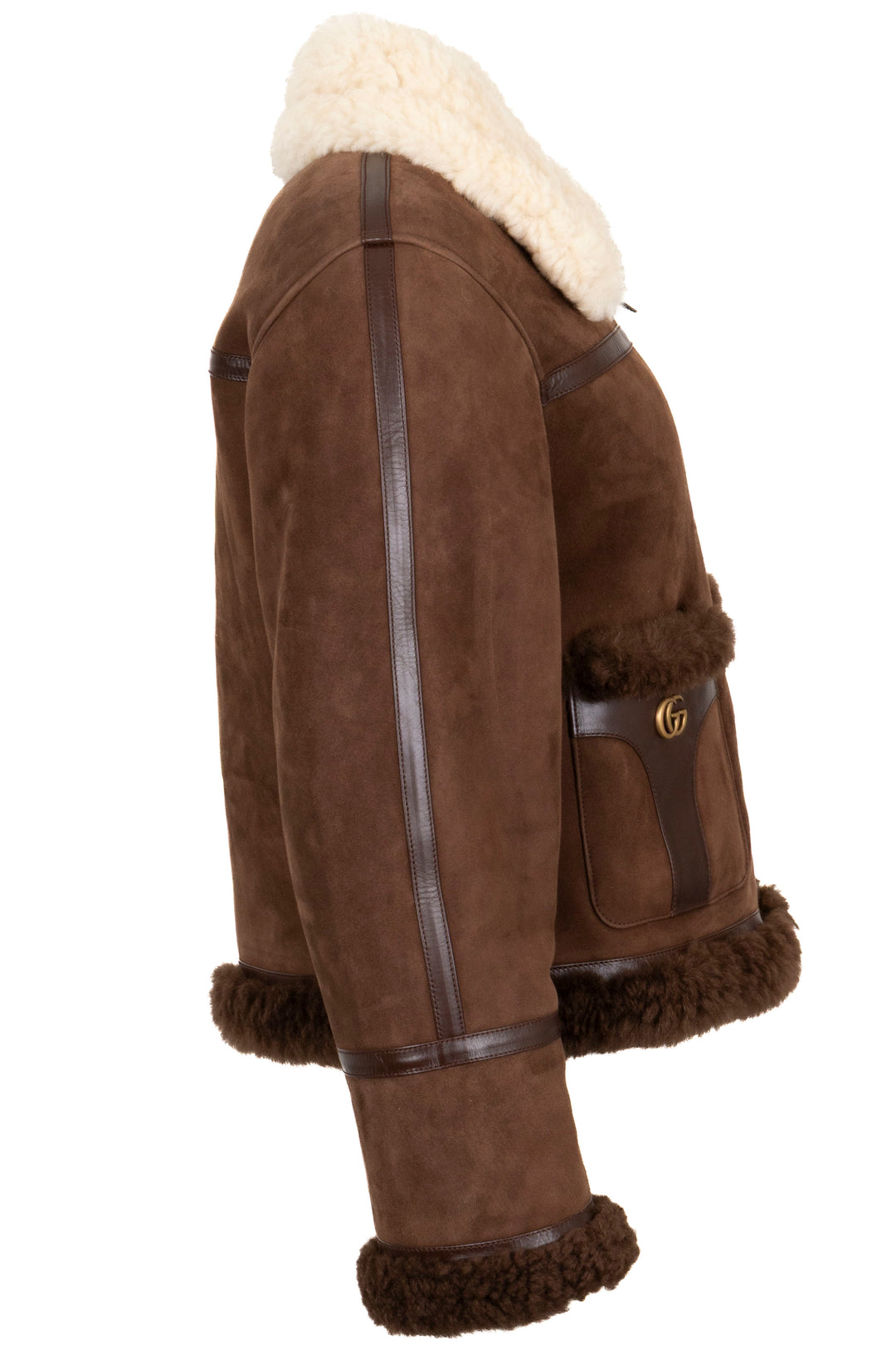GUCCI GG Cropped Shearling Jacket Suede Brown