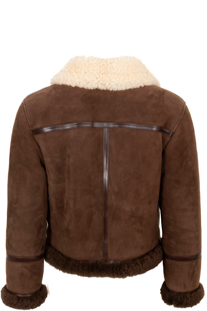 GUCCI GG Cropped Shearling Jacket Suede Brown