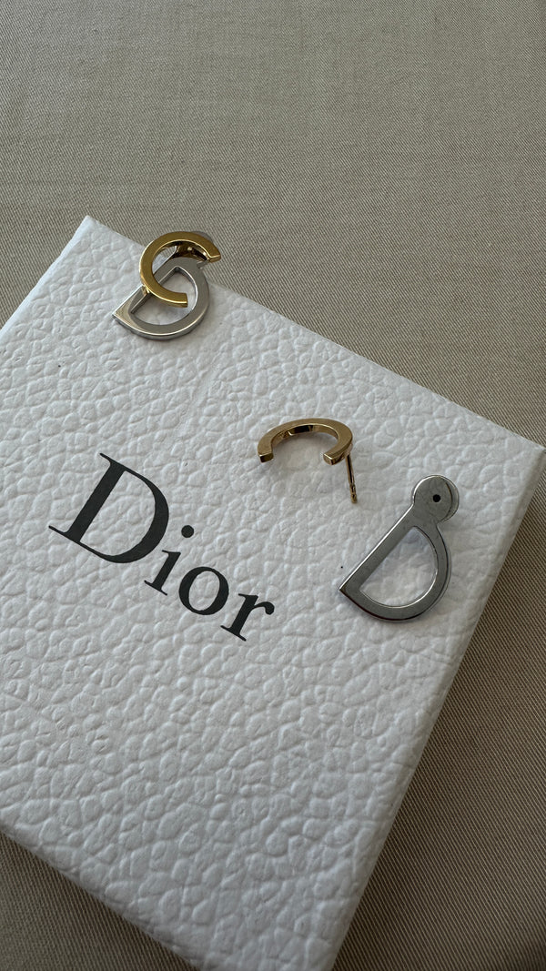 CHRISTIAN DIOR Two Tone CD Logo Studs Gold Silver