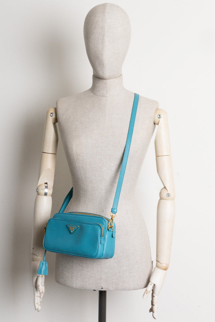 PRADA Logo Camera Crossbody Bag Saffiano Blue