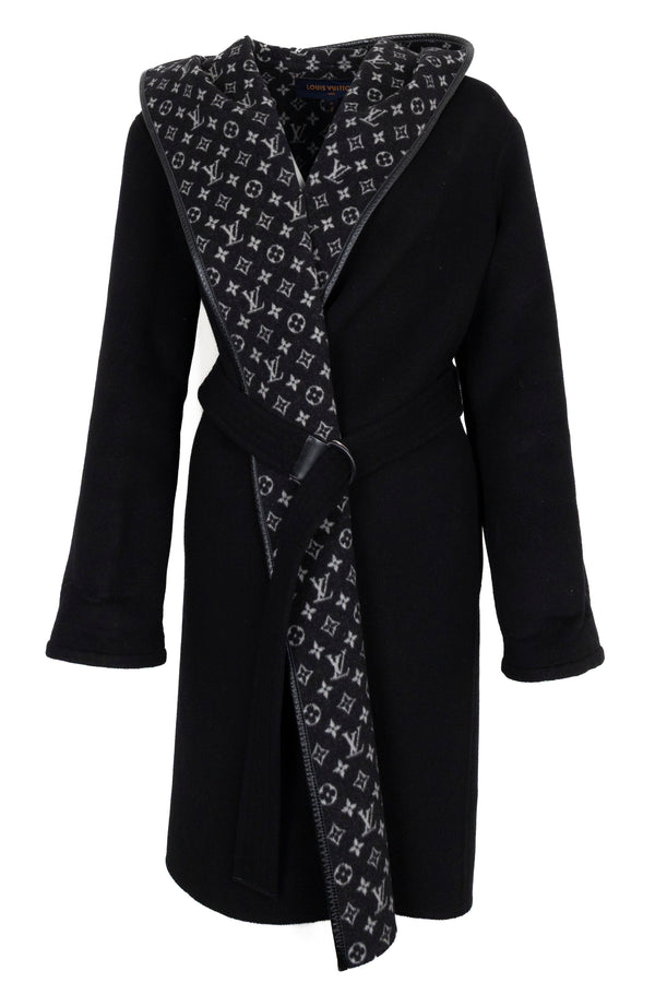 LOUIS VUITTON Hooded Wrap Coat Wool Black
