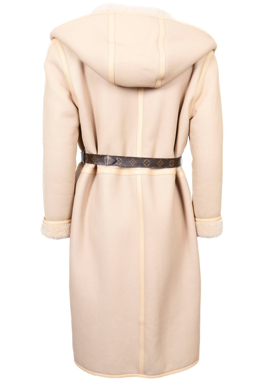 LOUIS VUITTON Manteau réversible ceinturé en peau lainée beige