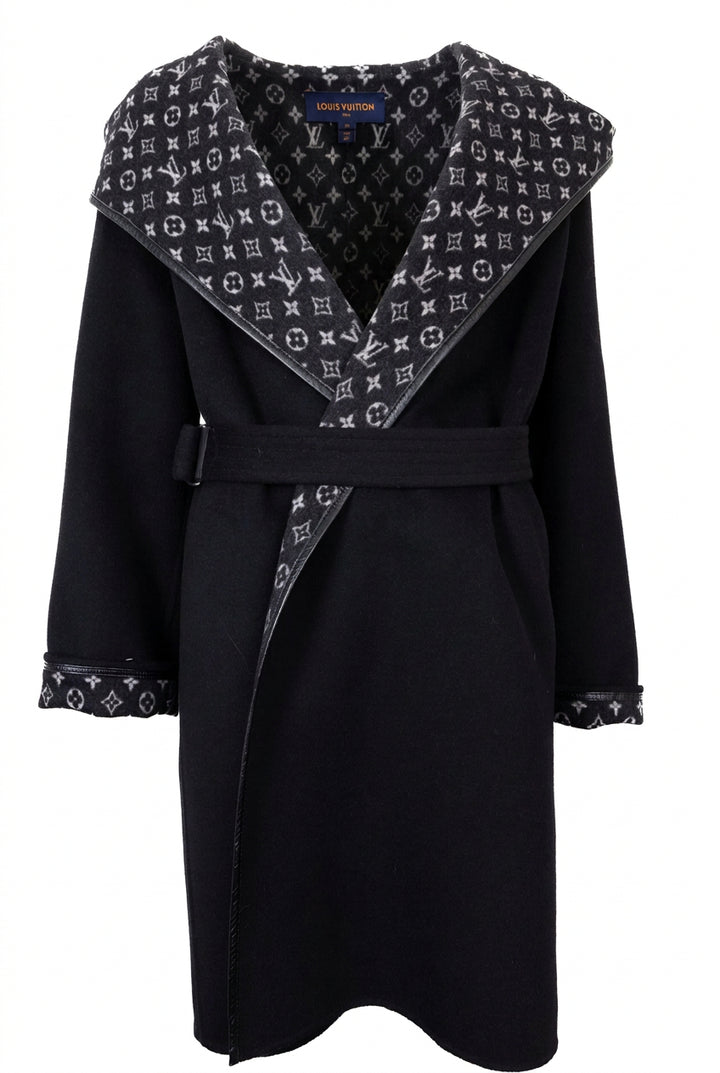 LOUIS VUITTON Reversible Belted Hooded Wrap Coat Wool Black