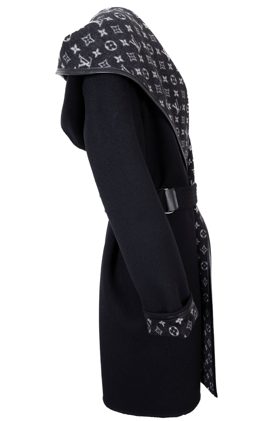 LOUIS VUITTON Reversible Belted Hooded Wrap Coat Wool Black