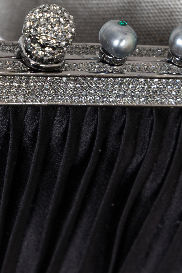 VALENTINO Crystal and Pearl Embellished Clutch Satin Black