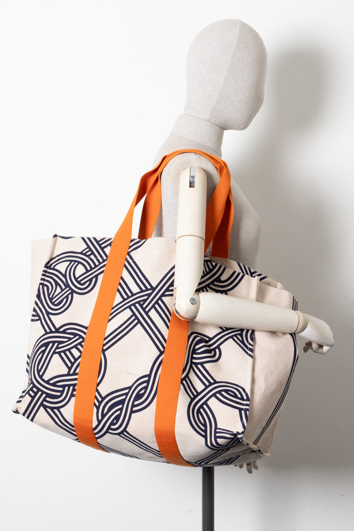 HERMÈS Noeuds Marins Beach Tote Bag Canvas Blue Beige
