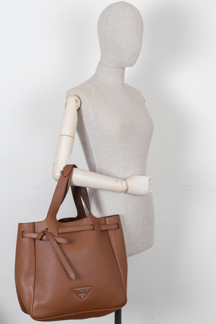 PRADA Flou Dynamique Tote Bag Leather Cognac