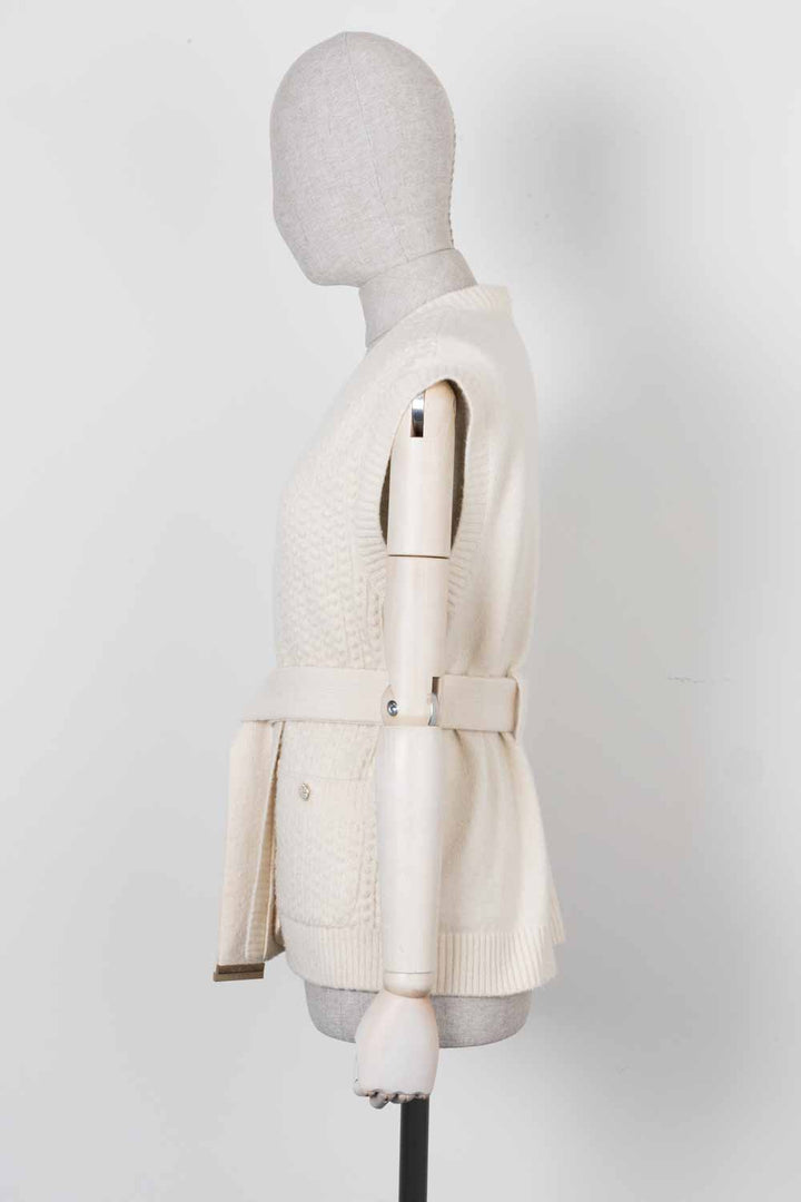 CHANEL Belted Knit Cardigan Ivory