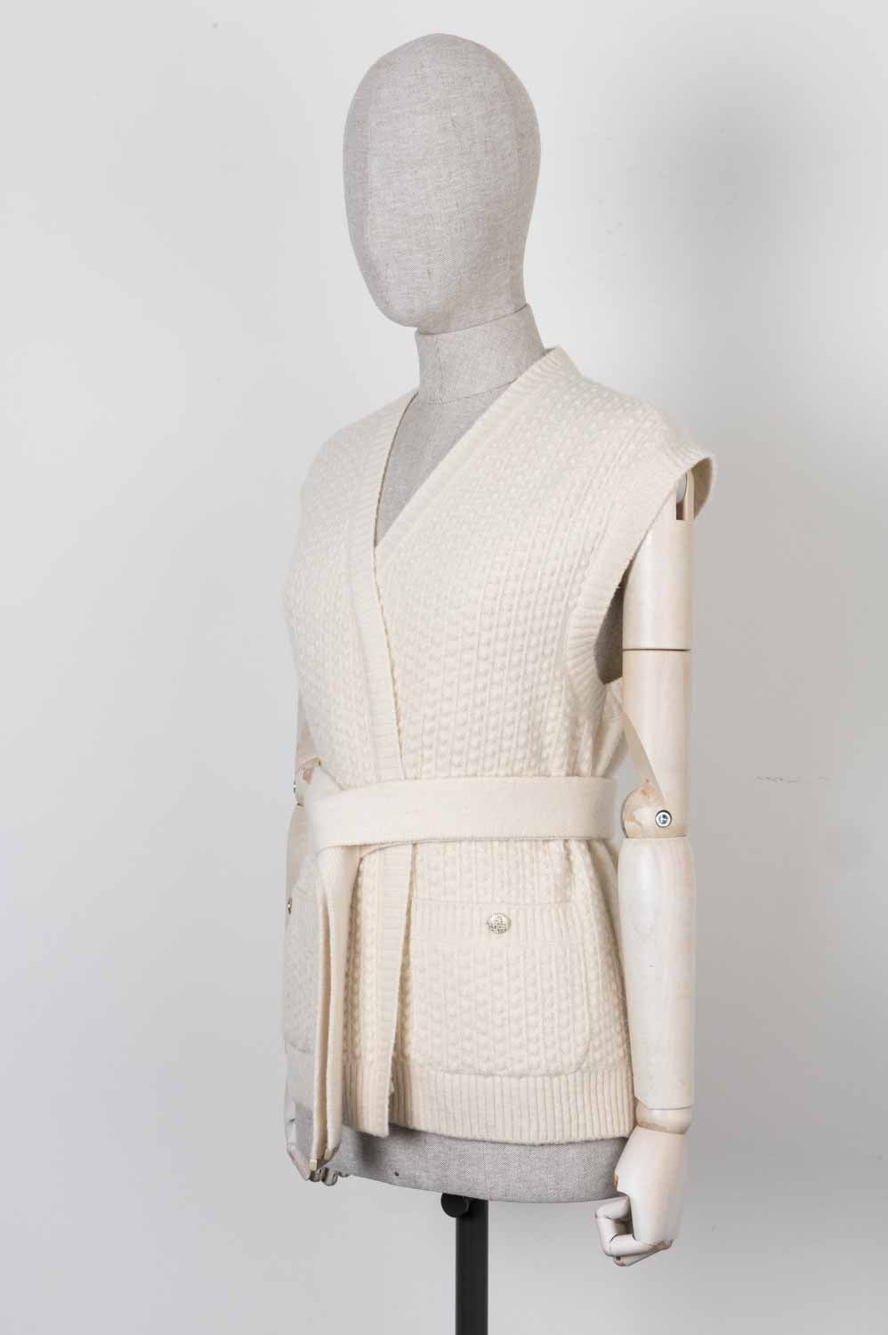 CHANEL Belted Knit Cardigan Ivory
