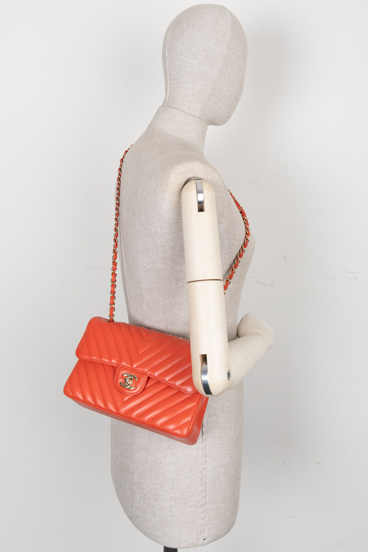 CHANEL Small Chevron Double Flap Bag Coral