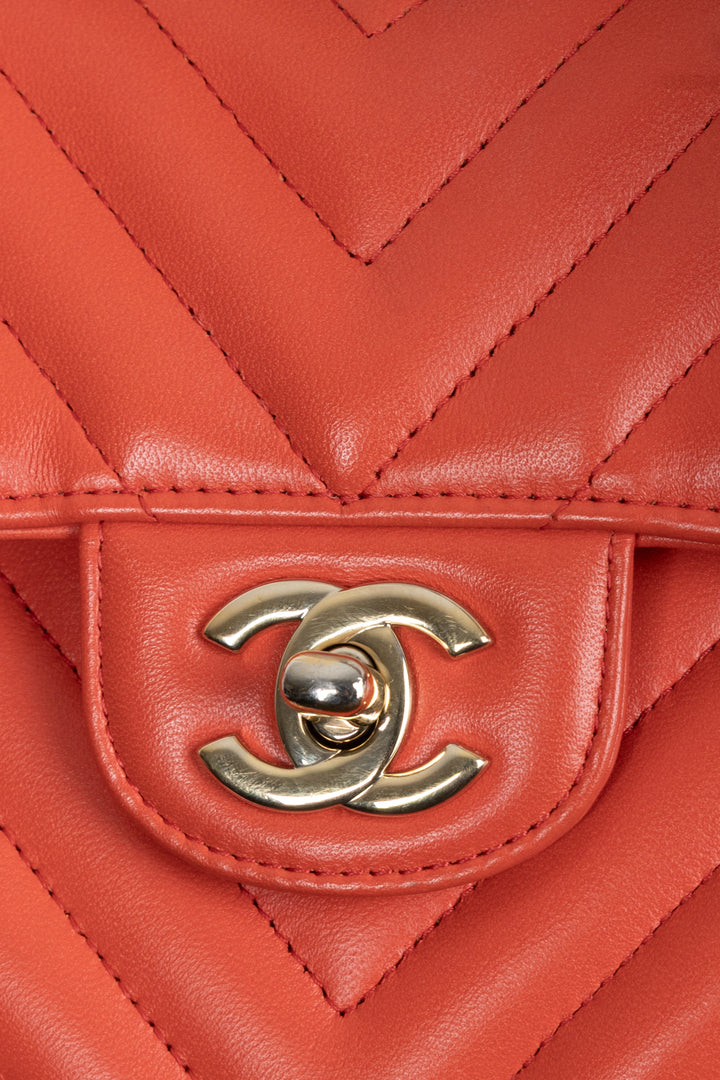 CHANEL Small Chevron Double Flap Bag Coral