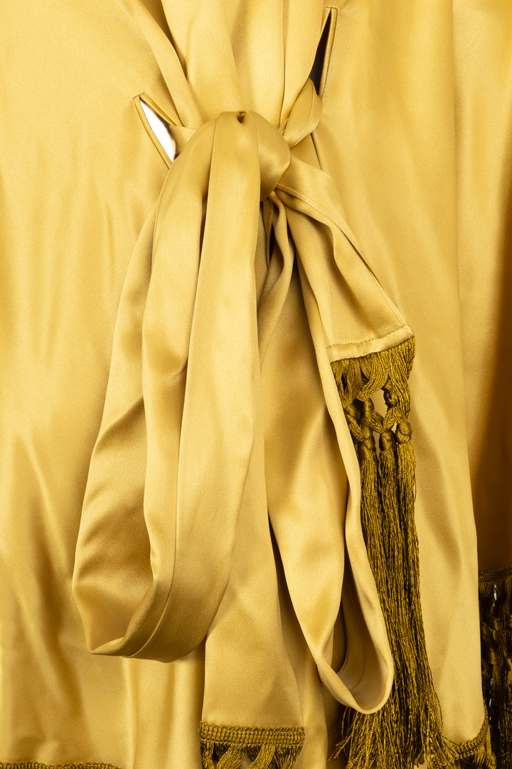 VALENTINO Belted Fringed Cape Dress Silk Yellow