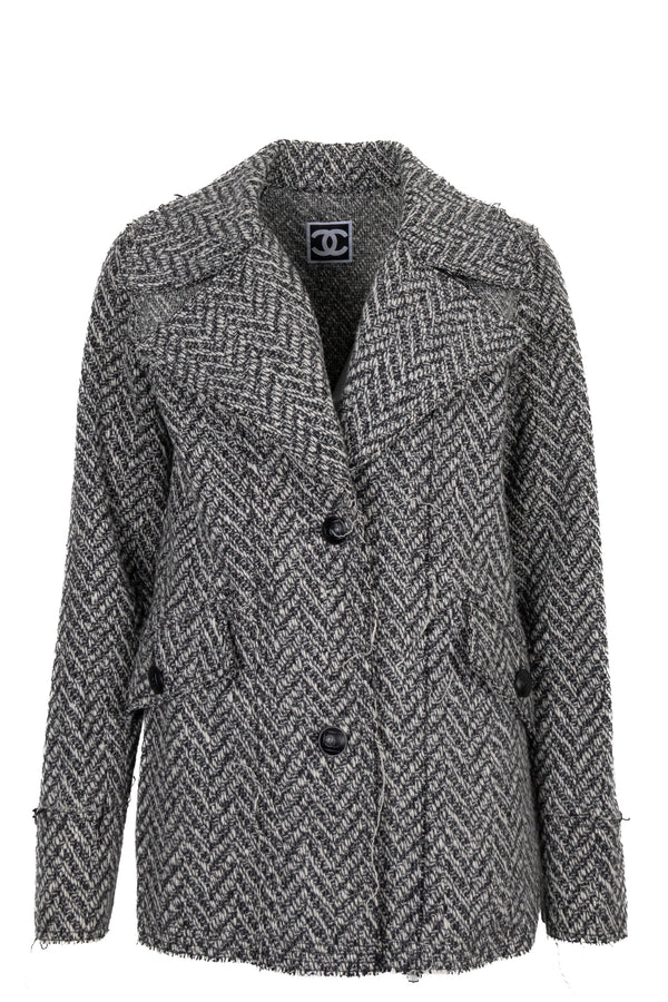 CHANEL 2008 Veste en maille effet vieilli à motif zigzag Noir et blanc