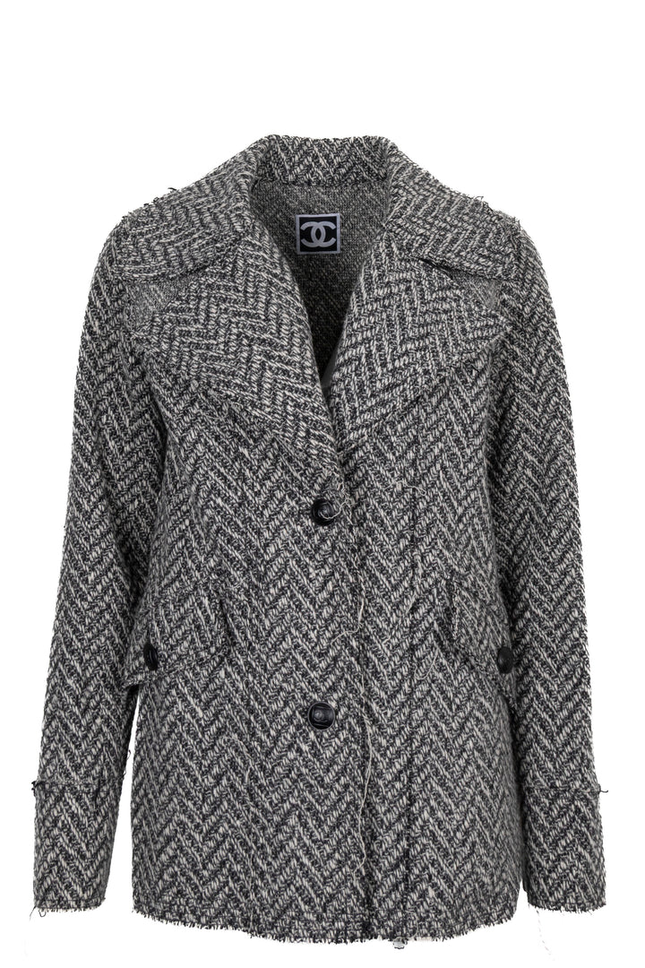 CHANEL 2008 Zigzag Distressed Knit Jacket Black White