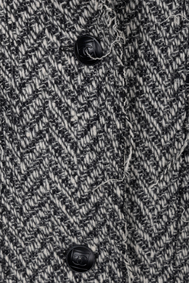 CHANEL 2008 Zigzag Distressed Knit Jacket Black White