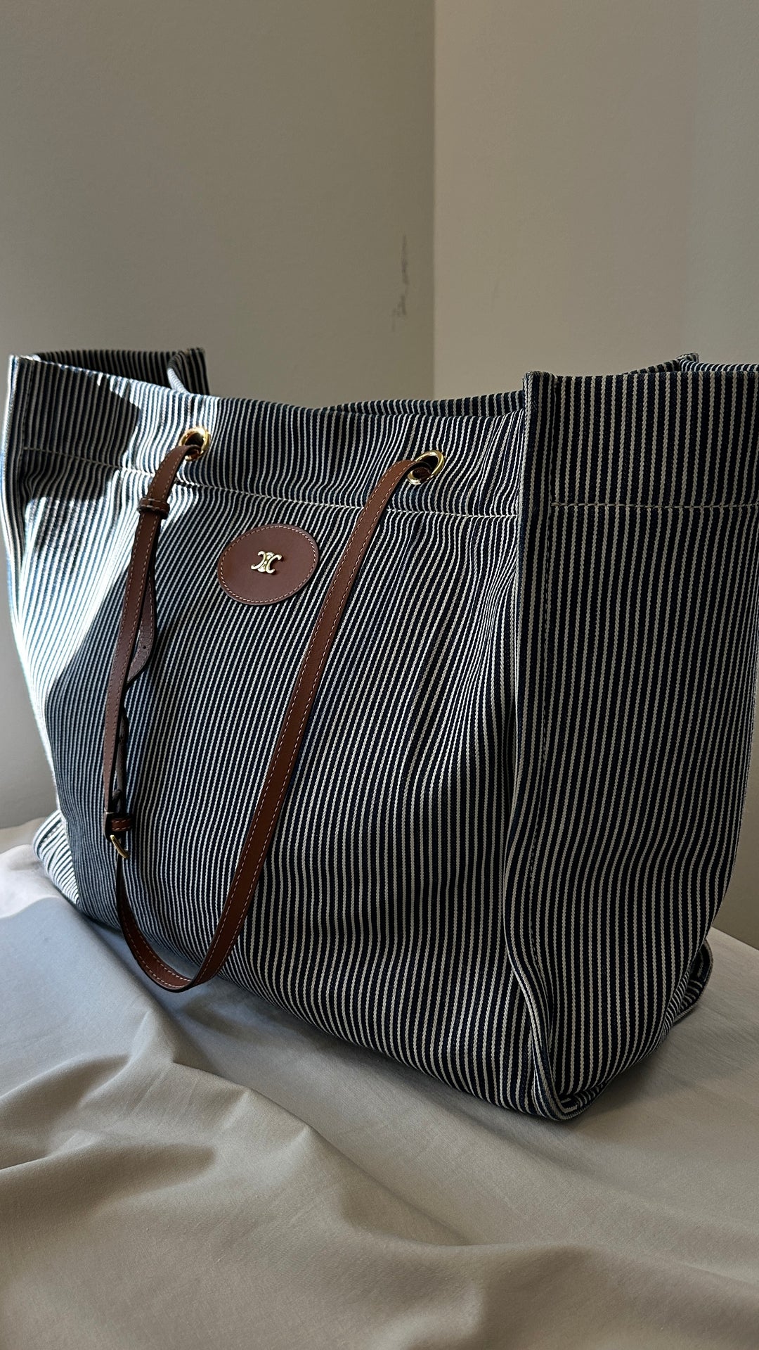 CELINE Striped Cabas Tote Bag Denim
