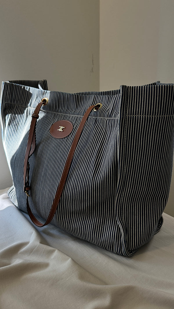 CELINE Striped Cabas Tote Bag Denim